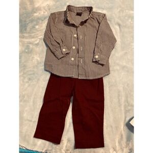 Nautica Boys 12M 2pc Set Gingham Button Down Shirt and Burgundy Pants Outfit